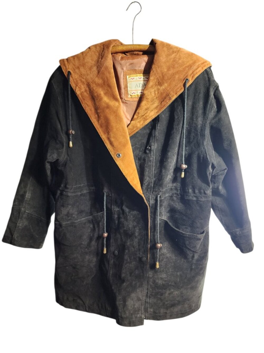 Vintage Womens ADA Leather Hooded Anorak Jacket Medium Black Brown 90's Suede